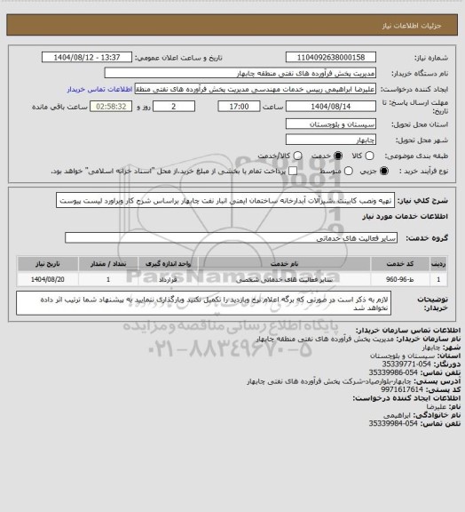 استعلام تهیه ونصب کابینت ،شیرآلات آبدارخانه ساختمان ایمنی انبار نفت چابهار براساس شرح کار وبراورد لیست پیوست