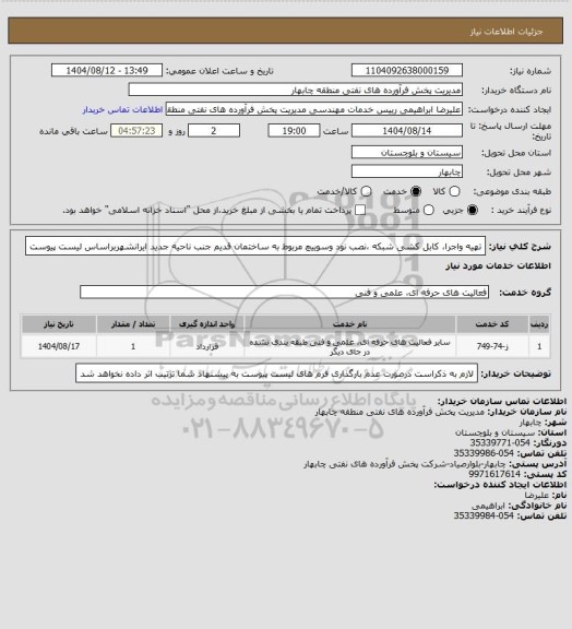 استعلام تهیه واجرا، کابل کشی شبکه ،نصب نود وسوییچ مربوط به ساختمان قدیم جنب ناحیه جدید ایرانشهربراساس لیست پیوست