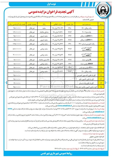 تجدید مزایده فروش تعداد 11 دستگاه خودرو و تعداد 4 دستگاه کامیون و کامیونت 