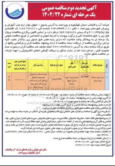 تجدید دوم مناقصه خرید چهار دستگاه دیزل ژنراتور