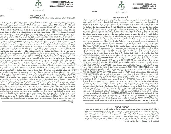 مزایده ششدانگ یک قطعه آپارتمان مسکونی به مساحت 185.14 متر مربع