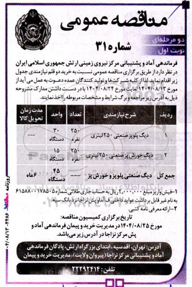 مناقصه خرید دیگ پلوپز صنعتی 250 لیتری ...