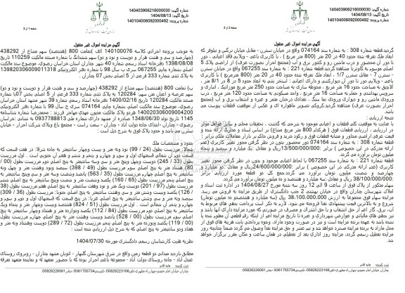  مزایده تمامت 800 (هشتصد) سهم مشاع از 438292 چهارصد و سی و هشت هزار و دویست و نود و دو سهم ششدانگ 