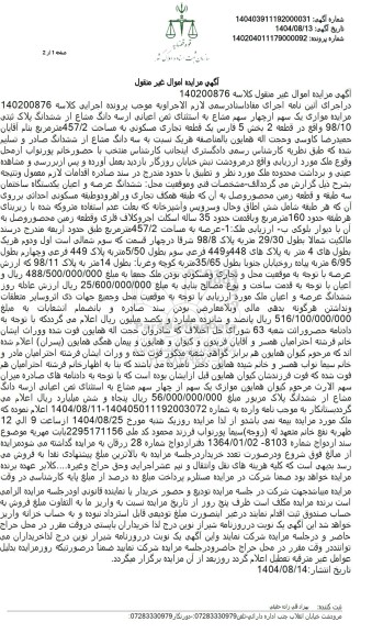 مزایده مزایده موازی یک سهم از چهار سهم مشاع به استثنای ثمن اعیانی از سه دانگ مشاع از ششدانگ پلاک ثبتی 98.10 