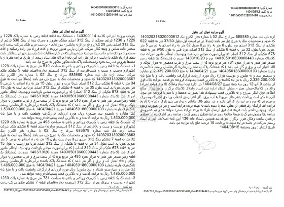 مزایده ششدانگ سه قطعه قطعه زمین به شماره پلاک 1228 و 1229 و 1230 فرعی 