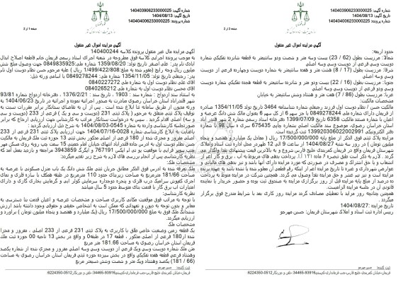 مزایده شش دانگ یک باب منزل مسکونی با عرصه به مساحت 181.66 متر مربع ...