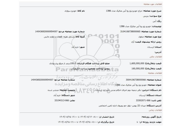 مزایده، خودرو پژو روا آبی متالیک مدل 1386