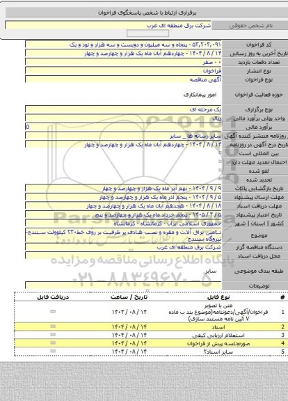 مناقصه, تامین یراق آلات و مقره و نصب هادی پر ظرفیت بر روی خط۲۳۰ کیلوولت سنندج-نیروگاه سنندج