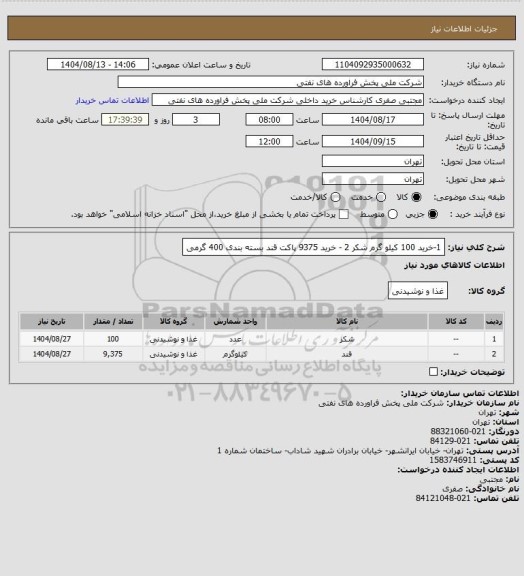 استعلام 1-خرید 100 کیلو گرم شکر   2 - خرید 9375 پاکت   قند بسته بندی 400 گرمی