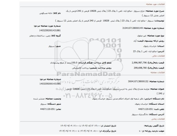 مزایده،   سبزوار - صالح اباد- ثامن 1 پلاک 23 ( پلاک ثبتی  10828  فرعی از 240 فرعی از یک اصلی بخش 12 سبزوار )