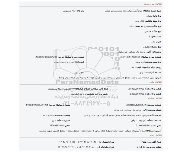 مزایده، آگهی مزایده مال مشاعی غیر منقول