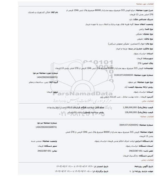 مزایده، فروش 315 مترمربع سهم مشاع از 80000 مترمربع  پلاک ثبتی 1546 فرعی از 276 اصلی بخش 13 فریمان