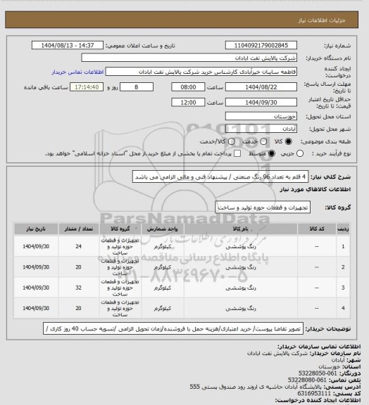 استعلام 4 قلم به تعداد 96 رنگ صنعتی / پیشنهاد فنی و مالی الزامی  می باشد