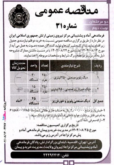 مناقصه خرید دیگ پلوپز صنعتی 250 لیتری ...- نوبت دوم 