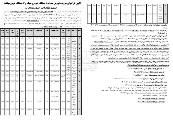 آگهی فراخوان مزایده فروش تعداد 8 دستگاه خودرو سبک و 6 دستگاه موتورسیکلت