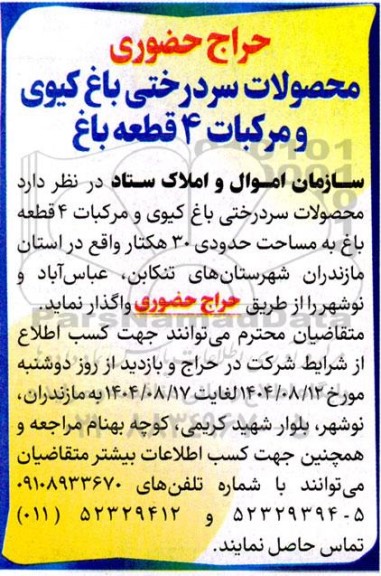 حراج حضوری محصولات سردرختی باغ کیوی و مرکبات 4 قطعه باغ