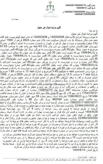 مزایده ششدانگ یک باب آپارتمان مسكونی تحت پلاک ثبتی شماره 2824 فرعی از 1569 اصلی