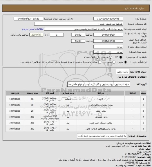 استعلام تامین روغن