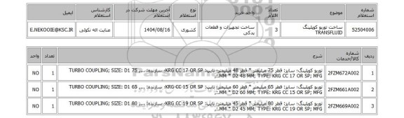استعلام ساخت توربو کوپلینگ TRANSFLUID