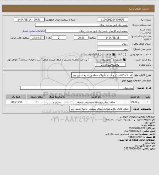 استعلام احداث کانال دفع و هدایت آبهای سطحی ناحیه شش ابهر