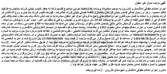 مزایده شش دانگ یک باب مغازه تحت پلاک ثبتی 695 فرعی از 880 اصلی قطعه 2