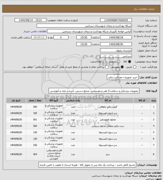 استعلام خرید تجهیزات مصرفی دیالیز