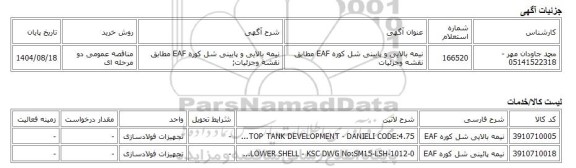 مناقصه عمومی دو مرحله ای، نیمه بالایی و پایینی شل کوره EAF مطابق نقشه وجزئیات