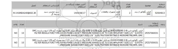 استعلام فیلتر رگولاتور از برند SMC