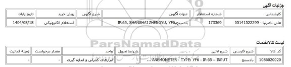 استعلام الکترونیکی، بادسنج,IP:65, SHANGHAI ZHENGYU, YF6
