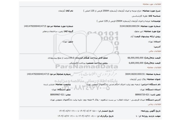 مزایده، عرصه و اعیان آپارتمان (بشماره 25004 فرعی از 125 اصلی )