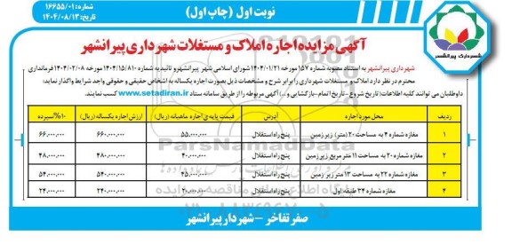 مزایده اجاره املاک و مستغلات 