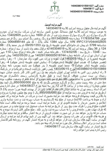 مزایده ششدانگ خودرو سواری پژو تیپ ار دی ای