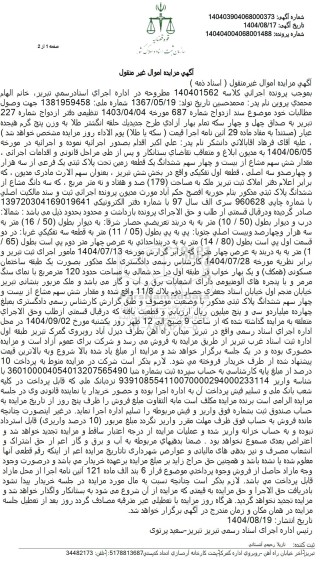 مزایده مقدار شش سهم مشاع از بیست و چهار سهم ششدانگ یک قطعه زمین ...