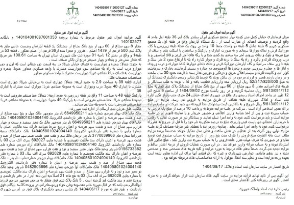 مزایده مقدار 8 سهم مشاع از 60 سهم از پنج دانگ مشاع از ششدانگ یک قطعه آپارتمان