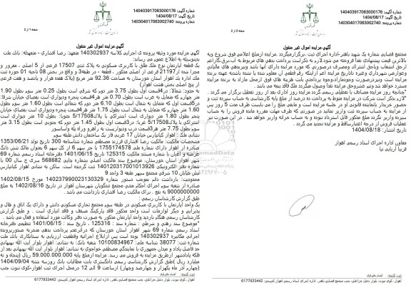 مزایده یک قطعه آپارتمان با کاربری مسکونی