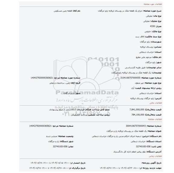 مزایده، یک قطعه ملک در روستای ایرقایه رازو جرگلان
