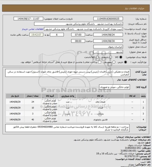 استعلام فنجان و نعلبکی (چینی)-قندان (چینی)-پیش دستی میوه خوری (چینی)-قاشق چای خوری (استیل)-جهت استفاده در سالن کنفرانس