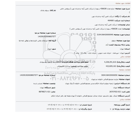 مزایده، تعداد 456028 سهم از شرکت تامین آتیه درخشان نوین  (سهامی خاص )