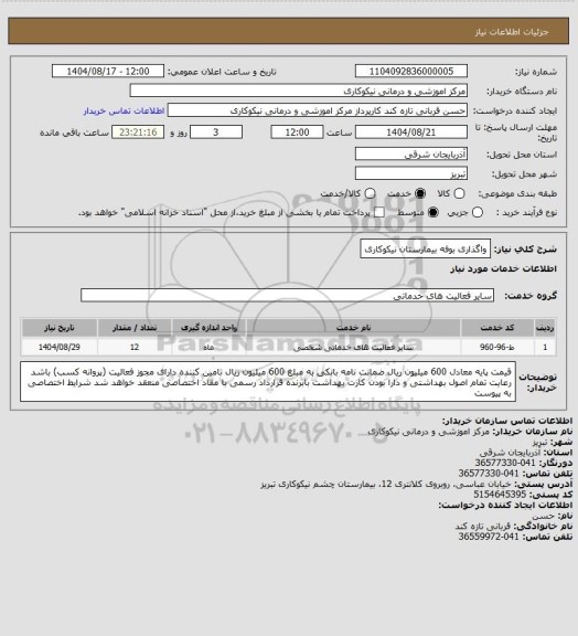 استعلام واگذاری بوفه بیمارستان نیکوکاری