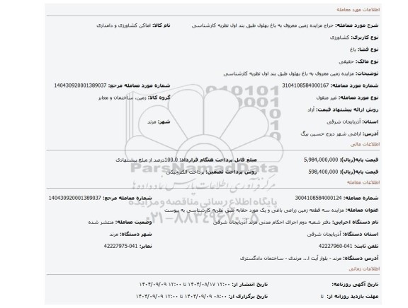 مزایده،  مزایده زمین معروف به باغ بهلول طبق بند اول نظریه کارشناسی