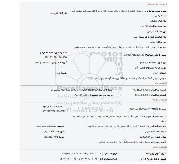 مزایده، فروش 3دانگ از 6دانگ از پلاک اصلی 2194 پروژه 218واحدی کوثر سلطان آباد عرصه وقفی