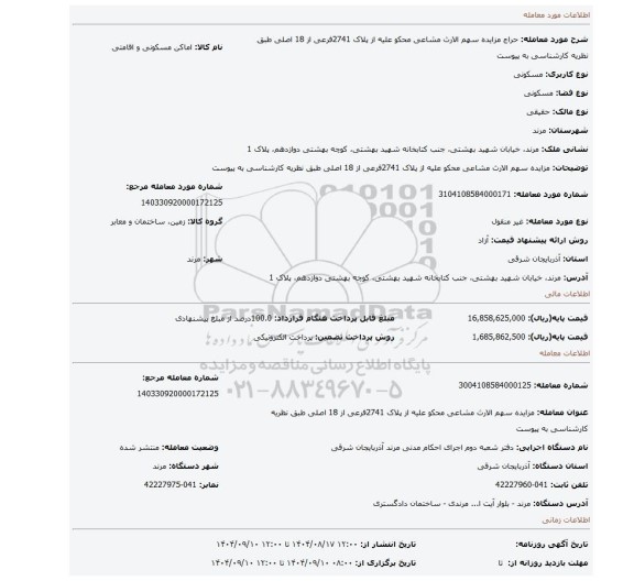 مزایده، مزایده سهم الارث مشاعی محکو علیه  از پلاک  2741فرعی از 18 اصلی طبق نظریه کارشناسی به پیوست
