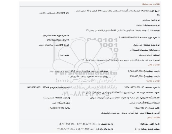 مزایده، یک واحد آپارتمان مسکونی پلاک ثبتی 8401 فرعی از 49 اصلی بخش 15