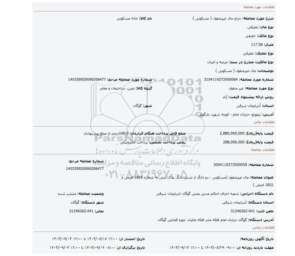 مزایده، مال غیرمنقول ( مسکونی )
