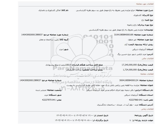 مزایده، مزایده زمین معروف به باغ مهمار طبق بند سوم نظریه کارشناسی