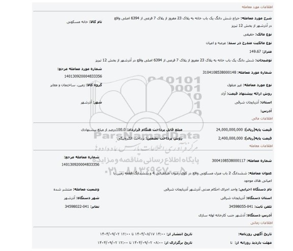 مزایده، شش دانگ یک باب خانه به پلاک 23 مفروز از پلاک 7 فرعی از 6394 اصلی واقع در آذرشهر از بخش 12 تبریز