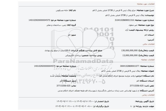 مزایده، پلاک ثبتی 9  فرعی از 2738 اصلی بخش 2 قم