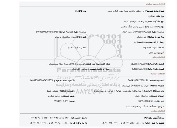 مزایده، ملک واقع در بین اراضی کنگ و نغندر