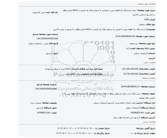 مزایده،  ششدانگ یک قطعه زمین با اعیانی به شماره پلاک یک فرعی از 6433 اصلی واقع در آذرشهر از بخش 12تبریز