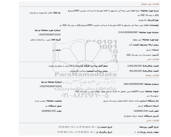 مزایده، قطعه زمین نیمه آبی مشهور به کالاه متوسط به مساحت تقریبی 5900مترمربع واقع در روستای گوگه نیر